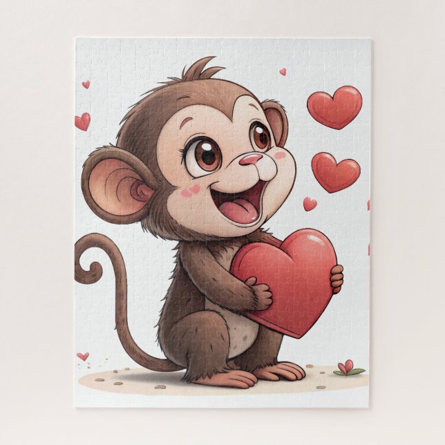Puzzles Monkey Red Hearts Happy Valentine's Day  (Vertical)