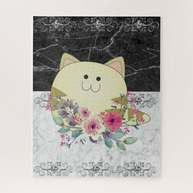 Puzzles Pink Floral Cat Black & White Marble (Vertical)