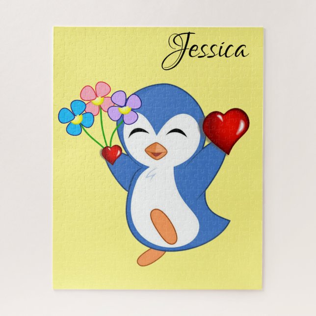 Puzzles Pink Floral Penguin Hearts Happy Valentine (Vertical)