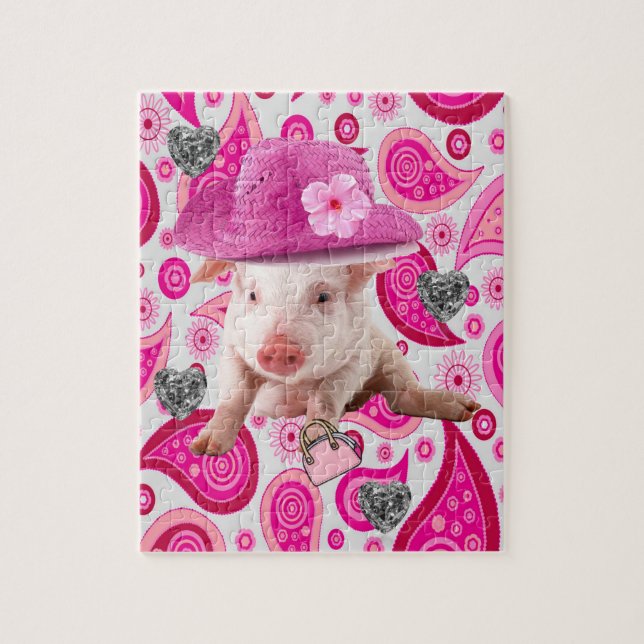 Puzzles Pink Pig Paisley Silver Hearts (Vertical)