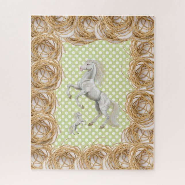 Puzzles White Horse Polk a dot Green Rope (Vertical)