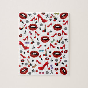 Puzzles White Red Lipstick Heels Hearts