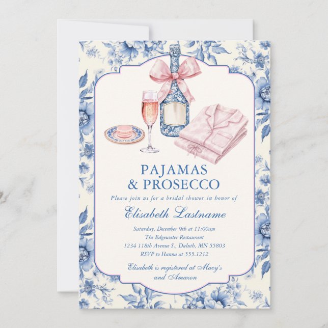 Pyjamas and Prosecco Pink Bow Bridal Shower Invitation (Front)