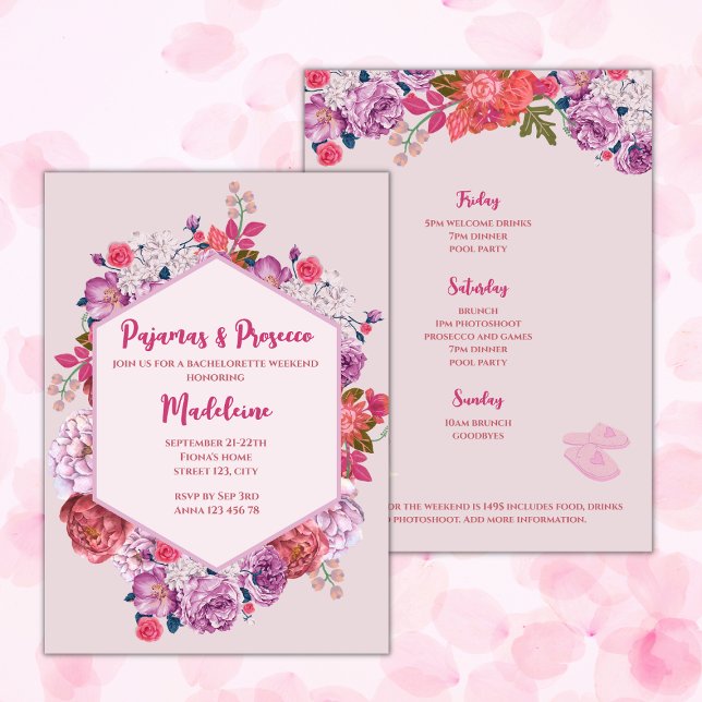 Pyjamas & Prosecco Bachelorette Weekend Itinerary Invitation (pajamas and prosecco bachelorette party weekend invitation pink floral elegant bachelorette weekend )