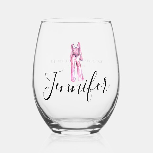 Pyjamas Prosecco Chic Bachelorette Party Thank You Stemless Wine Glass (Front)