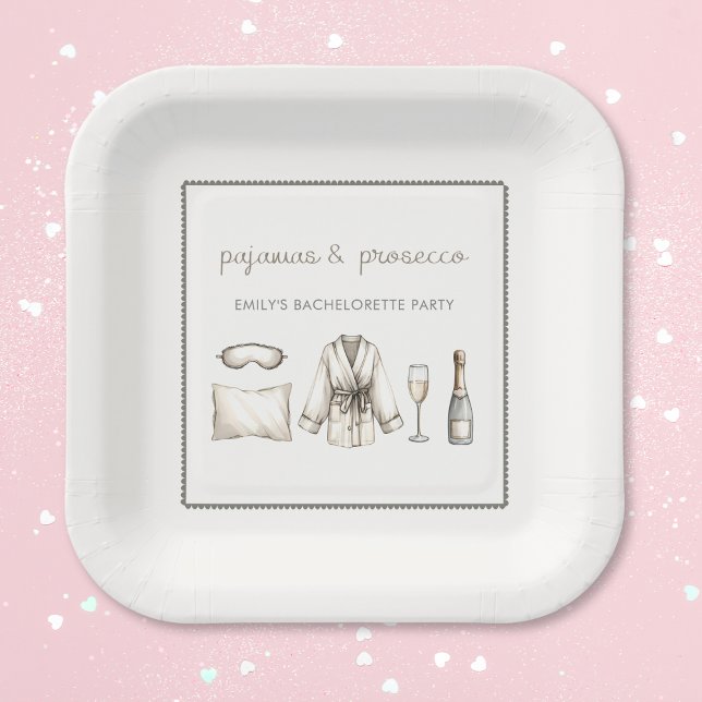 Pyjamas & Prosecco Personalized Bachelorette Party Paper Plate (Get cozy with our Pajamas & Prosecco bachelorette party plates! Perfect for a fun and chic soirée.)