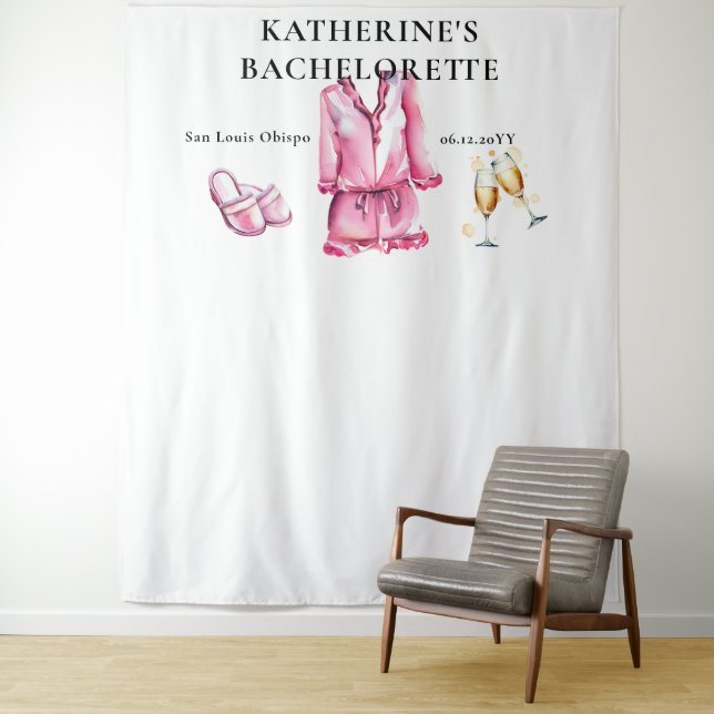 Pyjamas Prosecco Pink Bachelorette Party Backdrop Tapestry (In Situ)