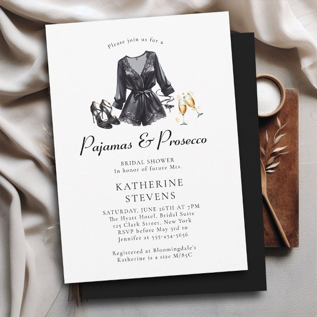 Pyjamas Prosecco PJ Black Lingerie Bridal Shower Invitation (pajama pj lingerie party bridal shower invitation black night robe champagne pajamas prosecco classy)