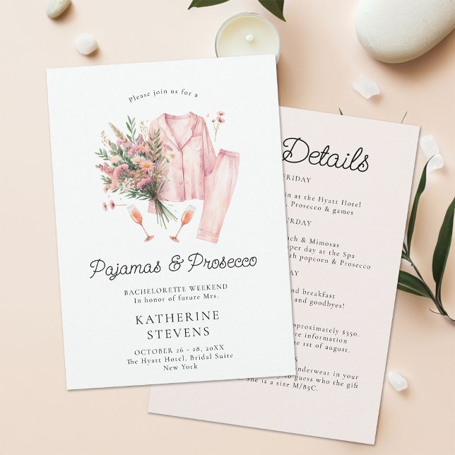Pyjamas Prosecco Wildflower Bachelorette Itinerary Invitation (pajamas prosecco bachelorette itinerary invitation champagne wildflowers lingerie pj elegant classy )