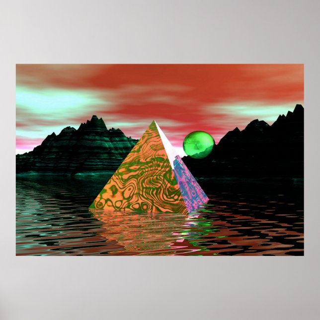 Pyramid in the water with green sun poster (Front)