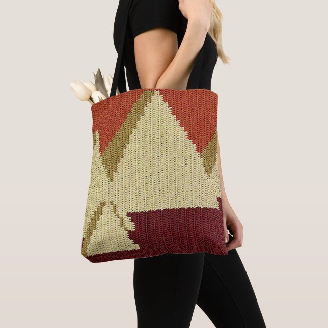 Pyramids Beige Rust Burgundy Artisan Crochet Print Tote Bag (Close Up)