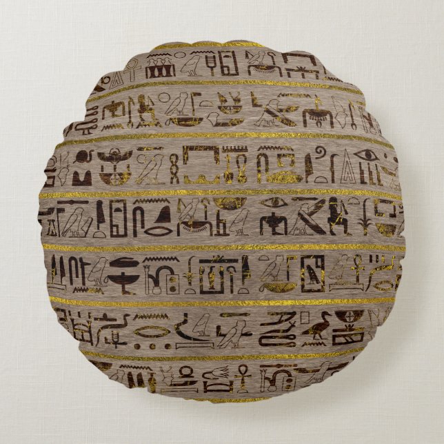Pyrographed Golden Egyptian hieroglyphs on wood Round Pillow (Front)