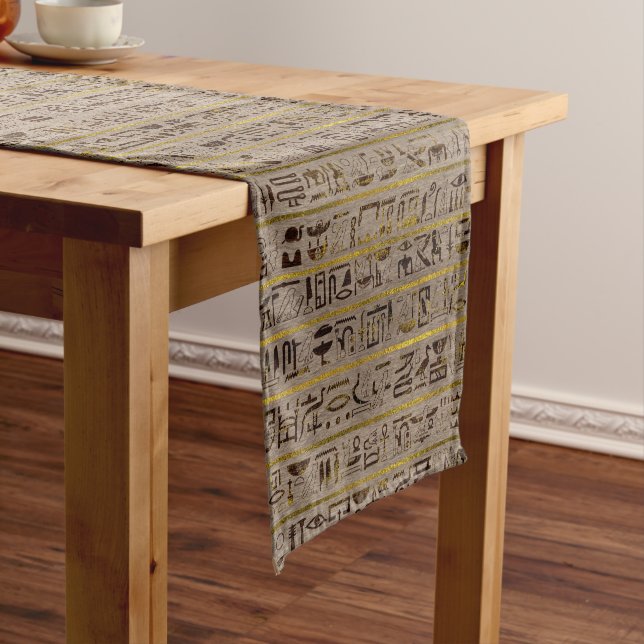 Pyrographed Golden Egyptian hieroglyphs on wood Short Table Runner (In Situ)