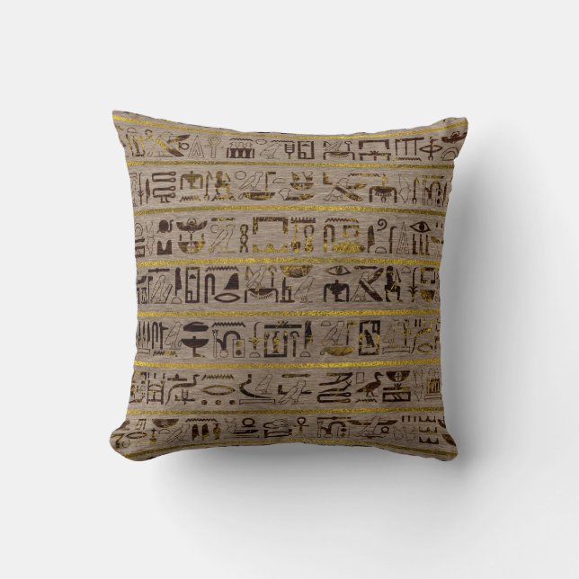 Pyrographed Golden Egyptian hieroglyphs on wood Throw Pillow (Front)