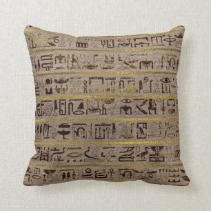 Pyrographed Golden Egyptian hieroglyphs on wood Throw Pillow
