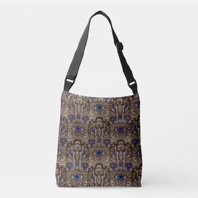 Pyrographed  Hamsa Hand with colour on Wood Crossbody Bag (Front)