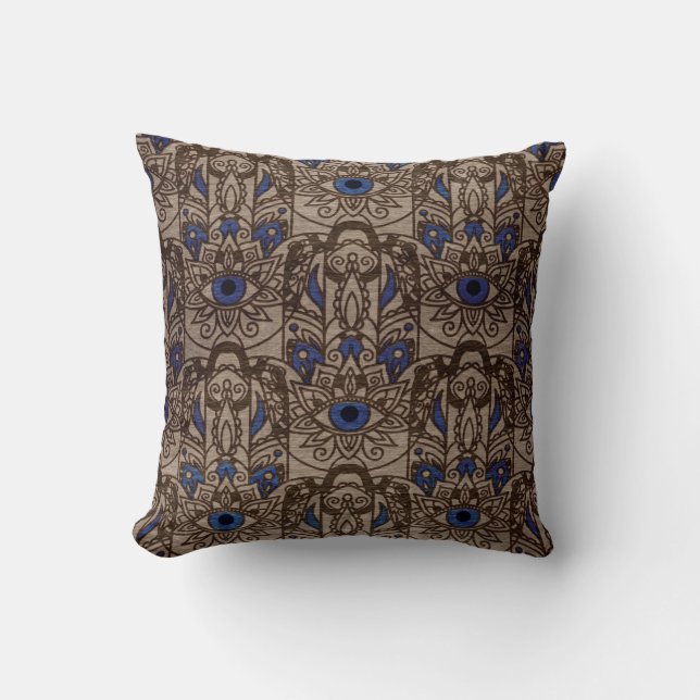 Pyrographed  Hamsa Hand with colour on Wood Throw Pillow (Front)