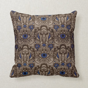 Pyrographed Hamsa Hand with colour on Wood Throw Pillow