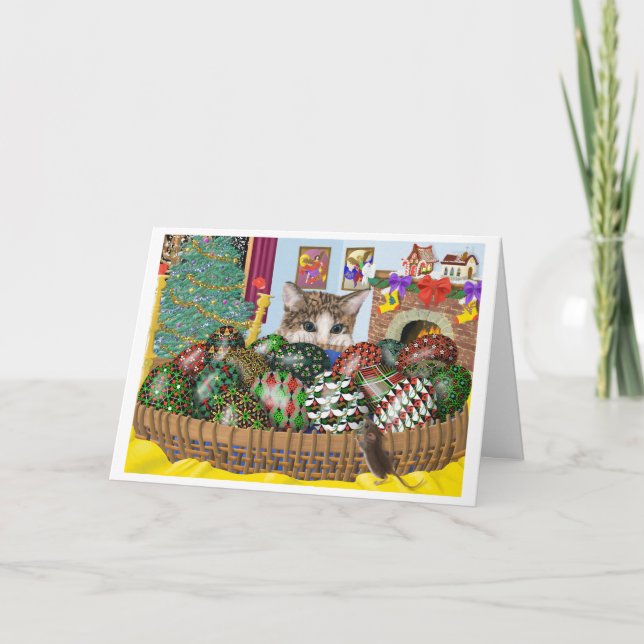 Pysanka Eggs Christmas Cat and Mouse Card (Front)