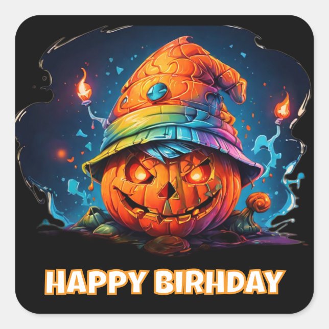 pyschedelic scary jackolantern & birthday hat square sticker (Front)