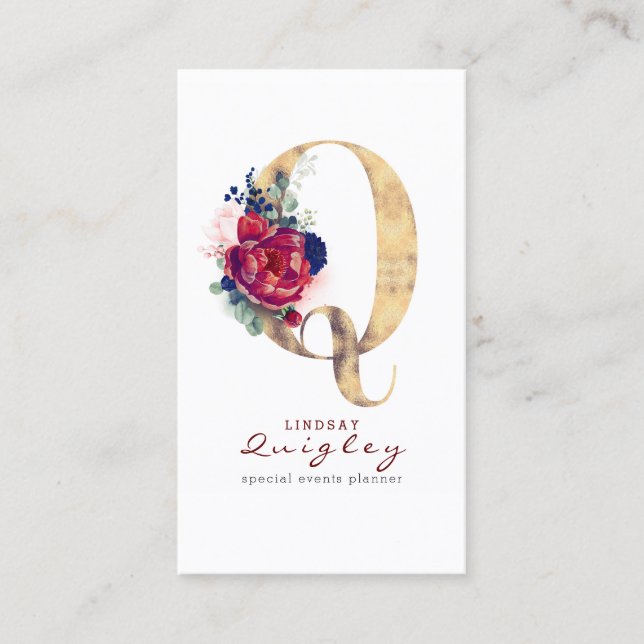 Q Monogram Burgundy Gold and Navy Blue Floral Business Card (Front)