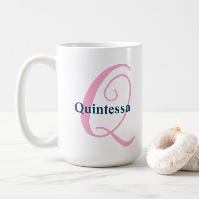  "Q" Pink Fancy Script Monogram with Navy Name Coffee Mug (With Donut)