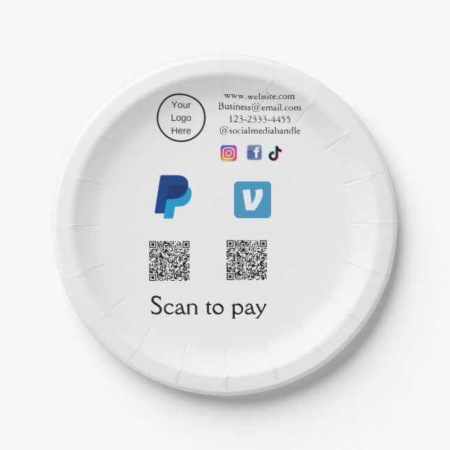 Q R code PayPal venmo scan pay add social media de Paper Plate (Front)
