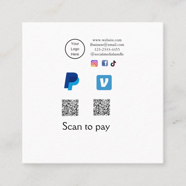 Q R code PayPal venmo scan pay add social media de Square Business Card (Front)