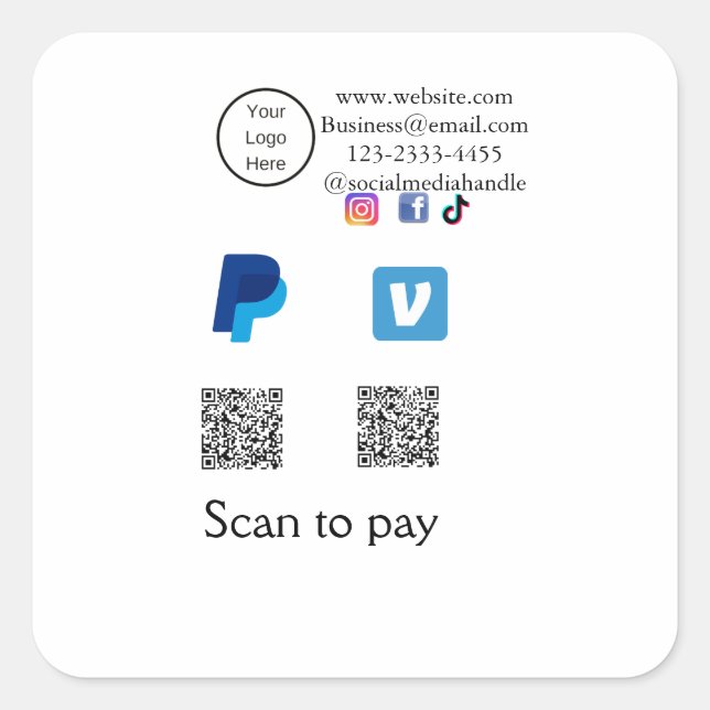 Q R code PayPal venmo scan pay add social media de Square Sticker (Front)