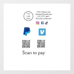 Q R code PayPal venmo scan pay add social media de Window Cling