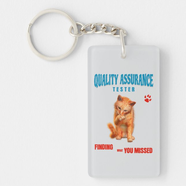 QA Tester Cat Humour Keychain (Front)