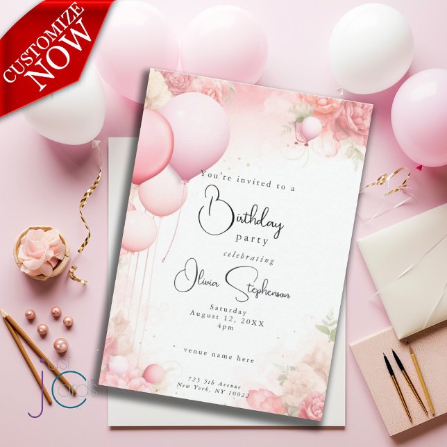 QR Birthday Watercolor Shabby Chic Pink Invitation (text is easy to customize)