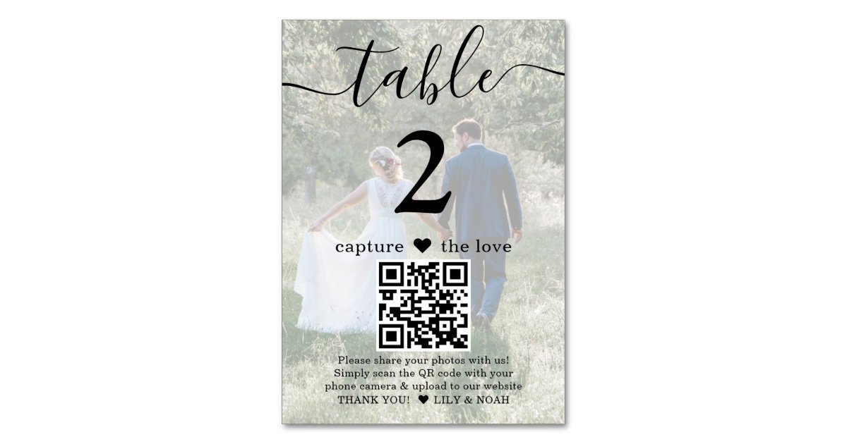 QR Code 2 Photo Elegant Capture the Love Wedding Table Number Zazzle