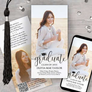 QR Code & 2 Photos Modern Black Script Graduation Announcement