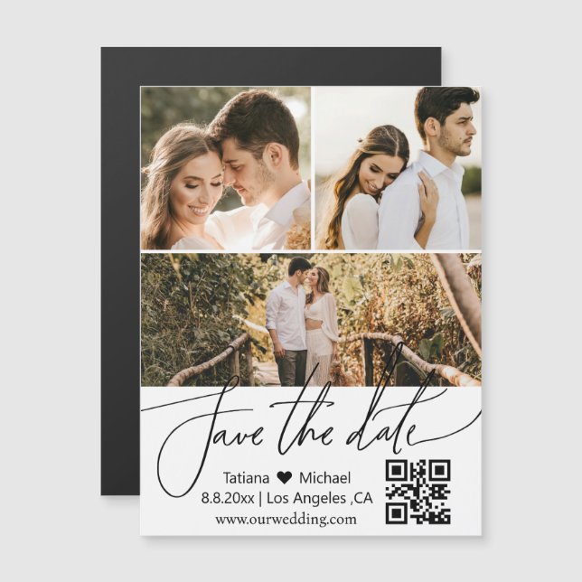 qr code 3 photos collage  save the date magnet (Front/Back)