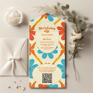 QR Code 70's Retro Groovy Orange Wedding  All In One Invitation