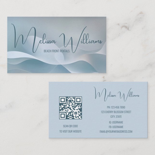 QR Code Abstract Art Wave Initials Business Card (Front/Back)