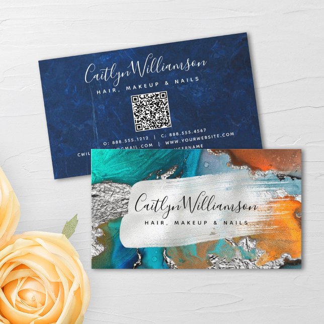 QR Code agate watercolor silver turquoise script Business Card (Creator Uploaded)
