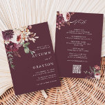 QR Code All In One Autumn Romance Burgundy Wedding Invitation<br><div class="desc">This wedding invitation features a watercolor flower bouquet of dahlia, garden rose, and hydrangea in burgundy red, maroon, blush pink with wedding details, and a QR code website link on the back. For more advanced customization of this design, please click the BLUE DESIGN TOOL BUTTON. Matching items are also available....</div>