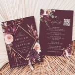 QR Code All In One Autumn Romance Burgundy Wedding Invitation<br><div class="desc">This wedding invitation features a watercolor flower wreath of dahlias, garden roses, and peony in burgundy red, maroon, and blush pink over fall leaves with a faux gold diamond shape frame and wedding details, QR code website link on the back. For more advanced customization of this design, please click the...</div>