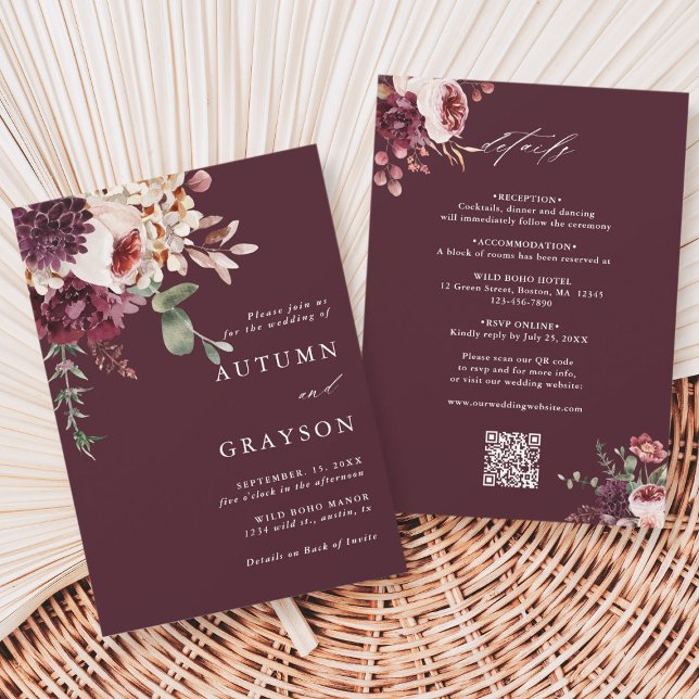 QR Code All In One Autumn Romance Burgundy Wedding Invitation (Creator Uploaded)
