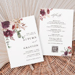 QR Code All In One Autumn Romance Floral Wedding Invitation<br><div class="desc">This wedding invitation features a watercolor flower bouquet of dahlia, garden rose, and hydrangea in burgundy red, maroon, blush pink with wedding details, and a QR code website link on the back. For more advanced customization of this design, please click the BLUE DESIGN TOOL BUTTON. Matching items are also available....</div>