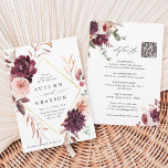 QR Code All In One Autumn Romance Wedding Invitation<br><div class="desc">This wedding invitation features a watercolor flower wreath of dahlias, garden roses, and peony in burgundy red, maroon, and blush pink over fall leaves with a faux gold diamond shape frame and wedding details, QR code website link on the back. For more advanced customization of this design, please click the...</div>