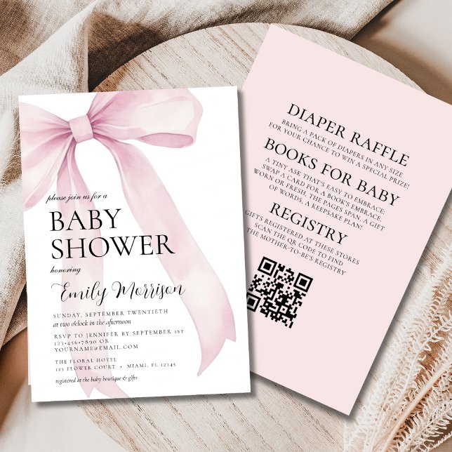 QR Code All in One Blush Pink Bow Girl Baby Shower Invitation (Creator Uploaded)
