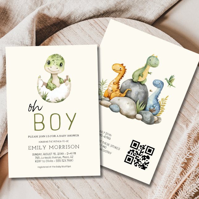 QR Code All in One Dinosaur Baby Boy Shower Invitation (Creator Uploaded)