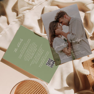 QR Code All in One Sage Green Photo Script Wedding Invitation