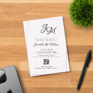 QR Code All in One Stylish Monogram Script Wedding Acrylic Invitations