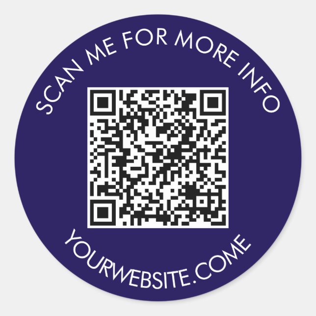 QR code and custom text round white & dark blue  Classic Round Sticker (Front)