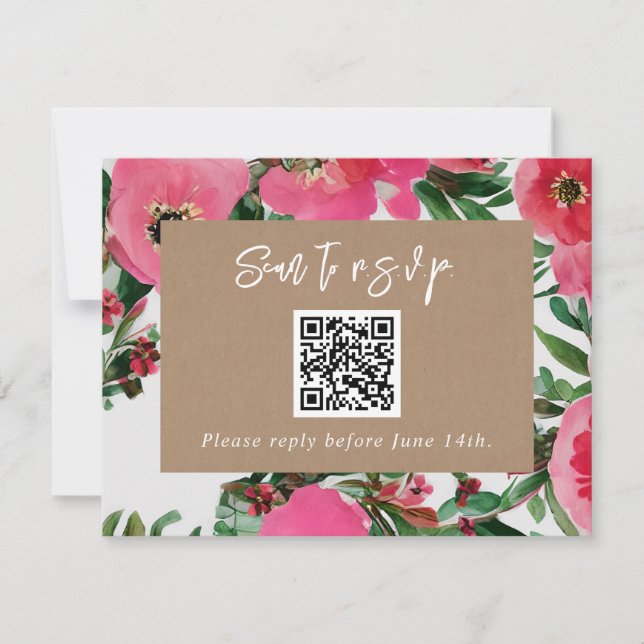 QR Code Aquarelle rose Anémone Mariage RSVP (Devant)