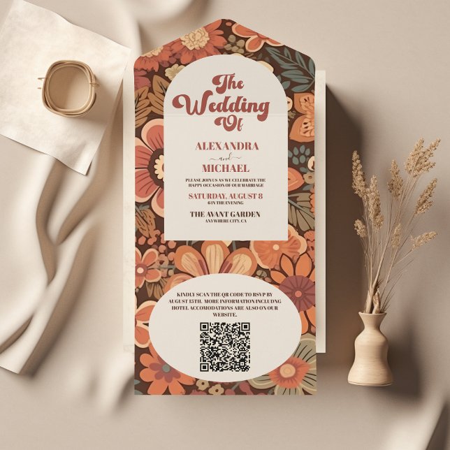 QR Code Arch Groovy Retro 70s Floral Wedding All In One Invitation (Creator Uploaded)